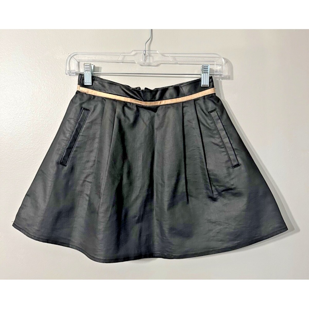 BCBG Gen Black Pleated‎ Faux Leather Pockets A Line Short Skirt Mini Sz 0
